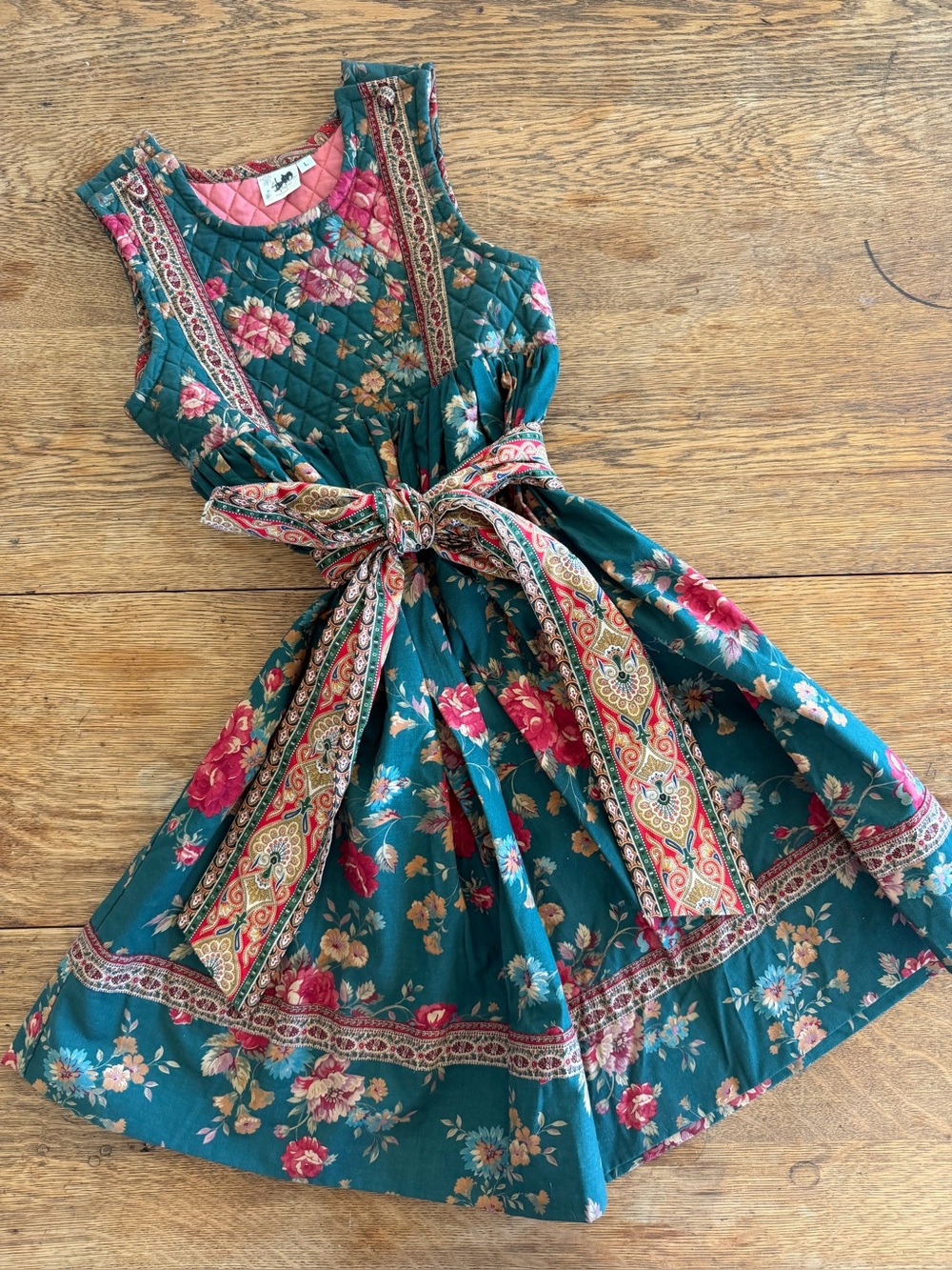 Vintage Vera Bradley Teal Floral Quilted Dress with Paisley Waist Tie